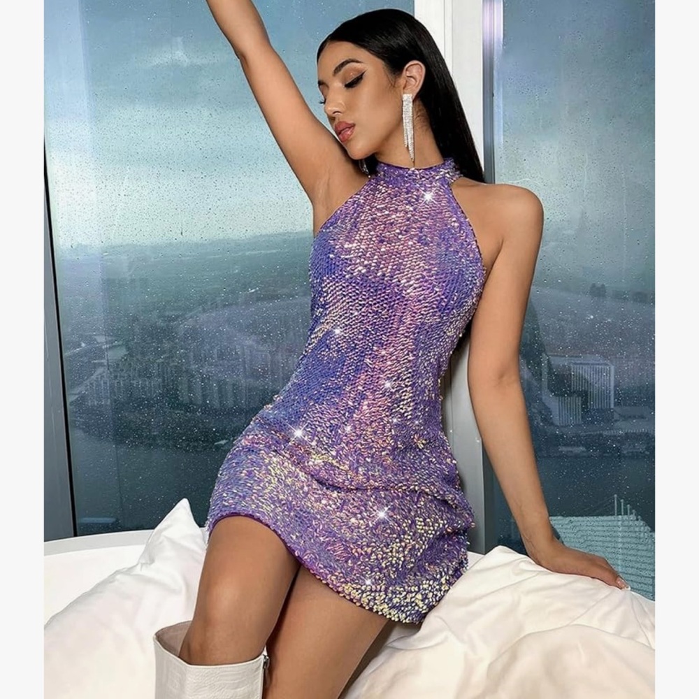 Purple Halter Neck Dress Halter Neck Zip Back Sequin. Dress Sleeveless A-Line